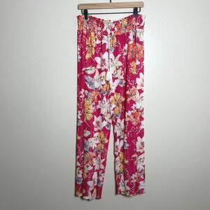 West Loop Womens Coverup Pant XL Pink Floral Smocked Waist Tassels Beach‎
